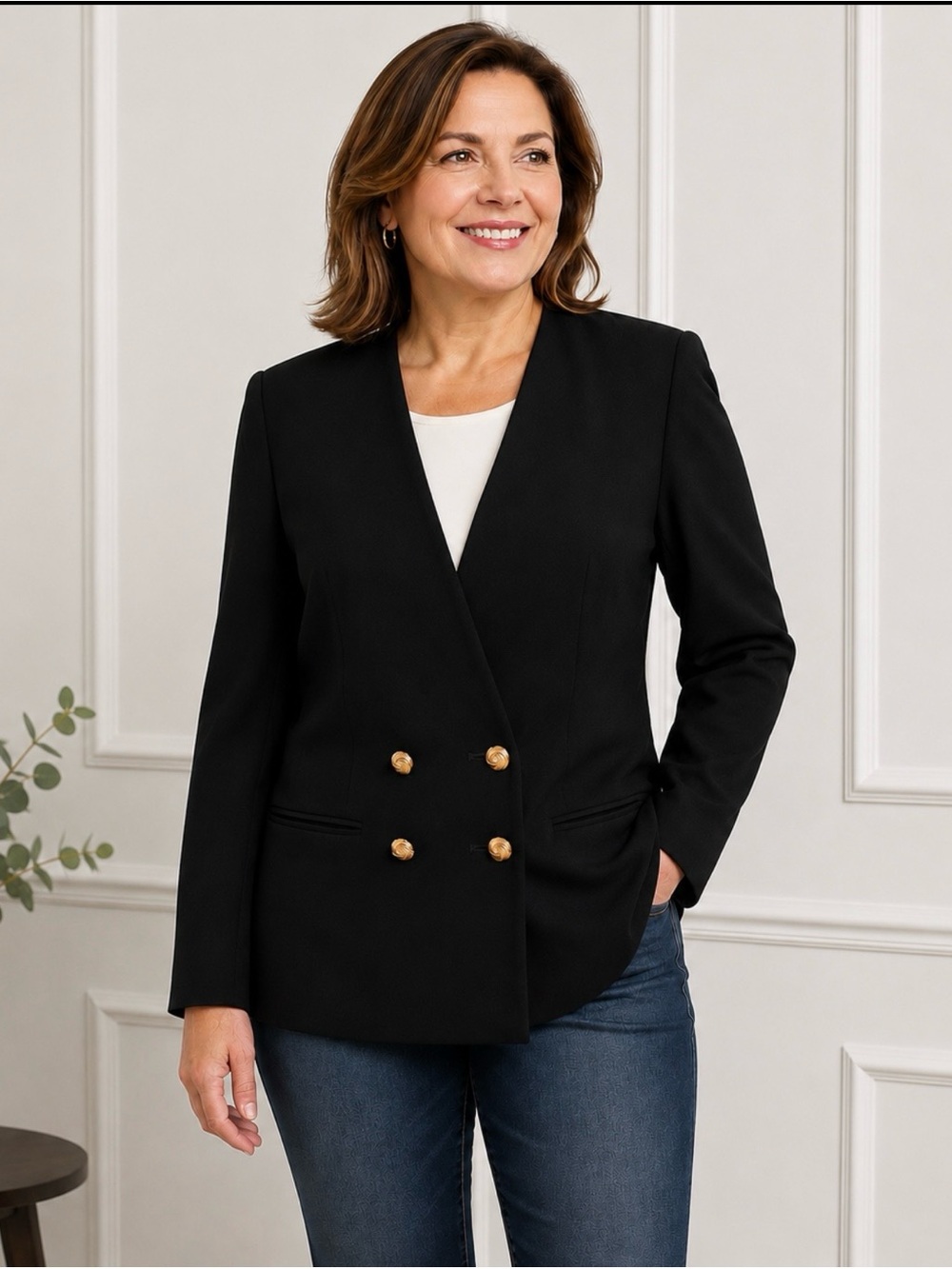 Kasper ASL Vtg Black Double-Breasted Blazer Size 10P Gold Button Career Jacket